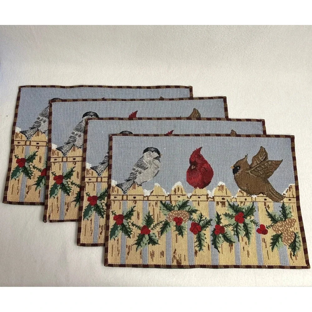 Winter Holiday Blue Red Woven Tapestry Bird Placemats Set 4